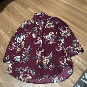 By & By Floral Burgundy Button Down  Shirt Size Small